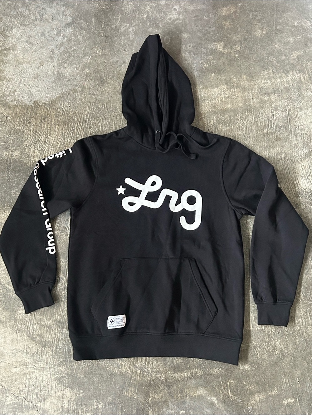 Lrg Black Hoodie with White Logo and Sleeve Script